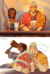  ... 1boy 1girl aang absurdres aisatsaa alcohol arrow_(symbol) arrow_tattoo avatar_aang:_the_last_airbender avatar_legends beer beer_mug blue_tattoo brown_hair cherry commentary couple cup dark-skinned_female dark_skin drink_switch_(meme) drinking drunk eating english_commentary food fruit head_tattoo highres ice_cream katara medallion meme mug rainbow spoon sundae tattoo 
