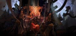  1boy absurdres amputee artist_name banner battle_damage black_hair commentary eagle_head_(ornament) eddygonzlezdvila emperor_of_mankind english_commentary flayed_skin floating_skull highres imperial_aquila imperium_of_man instagram_logo instagram_username lightning long_hair on_throne ornate red_sarong sarong servo-skull single_amputee sitting skull solo throne warhammer_40k 
