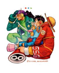  3boys antlers black_hair blue_coat bodysuit boots coat commentary from_side full_body glasses gloves goggles goggles_on_headwear green_bodysuit green_jacket hat hat_on_back headphones helmet highres horns indian_style jacket ki2ri5 long_hair long_nose long_sleeves male_focus monkey_d._luffy multiple_boys official_alternate_costume one_piece open_clothes open_jacket open_mouth pink_boots profile red_boots red_coat reindeer_antlers reindeer_boy scar scar_on_cheek scar_on_face short_hair sitting sitting_on_lap sitting_on_person straw_hat tony_tony_chopper untranslatable_commentary usopp 