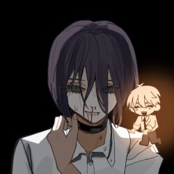  1boy 1girl black_background black_choker blood blood_from_mouth blood_on_body blood_on_clothes chainsaw_man choker collared_shirt commentary_request denji_(chainsaw_man) glowing green_eyes grenade_pin hair_between_eyes hand_up long_bangs long_hair_between_eyes meme nosebleed pale_skin purple_hair reze_(chainsaw_man) shirt simple_background twins_at_the_carousel_(meme) usako2201min variant_set white_shirt 