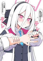  1boy 1girl absurdres blue_archive blue_necktie blush bow double-parted_bangs hair_between_eyes half_updo halo highres holding_another's_finger holding_another's_wrist jacket kei_(blue_archive) kei_(student)_(blue_archive) long_bangs long_hair long_hair_between_eyes long_sleeves looking_at_viewer multicolored_jacket necktie pink_eyes pink_halo rectangular_halo school_uniform sensei_(blue_archive) shirt speech_bubble tsurubaamii two-sided_fabric two-sided_jacket very_long_hair white_hair yandere 