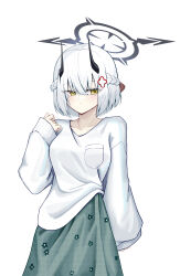  1girl absurdres alternate_costume black_halo blue_archive braid breast_pocket breasts commentary demon_girl demon_horns expressionless floral_print floral_print_skirt green_skirt grid_skirt hair_ornament half_up_braid halo hand_up highres horns large_breasts long_sleeves pocket print_skirt sena_(blue_archive) shirt short_hair simple_background skirt solo sych1590 upper_body white_background white_hair white_shirt yellow_eyes 