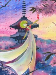 1girl artist_name bob_cut cherry_blossoms colored_skin dress falling_petals gardevoir green_hair green_skin highres mofinngram multicolored_skin painting_(medium) petals pink_petals pokemon pokemon_(creature) red_eyes signature traditional_media two-tone_skin watercolor_(medium) white_dress white_skin 