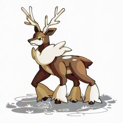  antlers brown_fur commentary deer english_commentary horns mistray-art numbered pokemon pokemon_(creature) sawsbuck sawsbuck_(winter) signature two-tone_fur white_background white_fur 