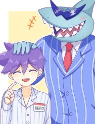  +++ 2boys blue_suit blush character_name closed_eyes collared_pajamas collared_shirt colored_skin commentary_request furry furry_male hand_on_another's_head hero_(headspace)_(omori) hero_(omori) highres long_sleeves male_focus mr._jawsum multiple_boys name_tag necktie omori open_mouth pajamas pinstripe_pattern pinstripe_suit purple_hair red_necktie ryo_pen17 shark_boy sharp_teeth shirt smile striped_clothes striped_pajamas suit teeth upper_teeth_only vertical-striped_clothes vertical-striped_pajamas white_pajamas white_shirt white_skin 