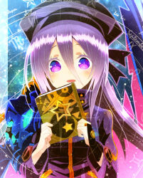  1girl aqua_pupils armor book breasts coat commentary_request hair_between_eyes hands_up hat high_collar holding holding_book light_blush long_hair long_hair_between_eyes mechanical_wings mizuchaya_youkan open_mouth pauldrons purple_coat purple_hair purple_hat sekaiju_no_meikyuu sekaiju_no_meikyuu_3 shoulder_armor single_pauldron smile solo star_(symbol) upper_body violet_eyes wings zodiac_(sekaiju) zodiac_2_(sekaiju) 