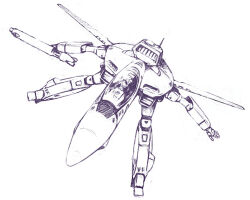  1other canopy_(aircraft) choujikuu_yousai_macross commentary_request flying gerwalk gun gunpod machine_gun macross mecha mecha_pilot_suit monochrome nyaou pilot radio_antenna robot science_fiction sketch vf-1 weapon white_background 
