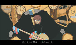  1girl black_shirt blue_eyes brown_hair clock commentary girls_band_cry grcr_pometa1118 highres instrument iseri_nina low_twintails parody_request shirt short_hair short_twintails solo twintails 