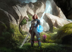  1girl armor bo-katan_kryze brown_hair darksaber darren_tan day energy_barrier energy_shield energy_sword grass highres holding holding_shield holding_sword holding_weapon lightsaber looking_at_viewer mandalorian mandalorian_armor outdoors realistic shield solo star_wars sword weapon 