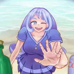 1girl absurdres acidtherapist aqua_eyes asymmetrical_bangs bad_anatomy bare_arms beach blue_eyes boku_no_hero_academia bottle breasts buttons can coca-cola collarbone commentary_request cork corked_bottle dress drink fingernails glass_bottle gradient_eyes gradient_outline hadou_nejire hair_intakes hand_up highres long_hair looking_at_viewer medium_breasts one_eye_closed open_mouth outdoors outline pink_outline pleated_dress purple_dress purple_eyes purple_hair purple_trim reaching_towards_viewer sand short_sleeves solo solo_focus striped striped_clothes striped_dress teeth tongue upper_teeth_only water wide_eyebrows yellow_outline