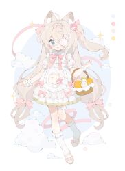  1girl absurdres ahoge animal_ear_fluff animal_ears apron basket blonde_hair blue_eyes blush bone_hair_ornament bow bowtie character_hair_ornament clouds collared_dress color_guide commission crossed_bangs dress dress_bow eyepatch food-themed_hair_ornament footwear_bow frilled_apron frilled_sleeves frilled_socks frills hair_between_eyes hair_bow hair_intakes hair_ornament highres layered_dress long_hair low-tied_long_hair mihuashi_commission my_melody my_melody_(series) narutomaki_hair_ornament one_side_up open_mouth original pink_bow pink_bowtie pink_ribbon polka_dot polka_dot_bow print_eyepatch puffy_short_sleeves puffy_sleeves ribbon sample_watermark sanrio shoes short_sleeves smile socks solo sparkle susu_binggan_bun thigh_strap watermark white_apron white_dress yellow_shoes 