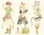  agahari animal_ears bandage bandages belt blue_eyes boots cat_ears cat_tail elena_(rune_factory_oceans) fingerless_gloves gloves grin hair_ribbon hammer jewelry long_hair multiple_girls necklace odette_(rune_factory) open_mouth paint_(medium) ponytail purple_hair ribbon rune_factory rune_factory_oceans sandals sarah_(rune_factory_oceans) scarf short_hair short_shorts shorts smile sunglasses tail traditional_media wink yellow_eyes 