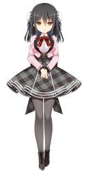  1girl absurdres back_bow black_hair boots bow bowtie breasts bubble_skirt bun_cover buttons center_frills closed_mouth collared_shirt cropped_jacket double-breasted double_bun frills full_body game_asset grey_boots grey_bow grey_pantyhose grey_skirt hair_bun high-waist_skirt highres holding_own_hand iyori_ao jacket lace-up_boots lapels large_breasts long_hair long_sleeves looking_at_viewer non-web_source open_clothes open_jacket pantyhose pink_jacket plaid_bow plaid_clothes plaid_skirt pleated_skirt red_bow red_bowtie ren'ai_x_royale school_uniform self-datamine shirt sidelocks skirt solo standing tachi-e transparent_background white_shirt yellow_eyes yuuki_rika 
