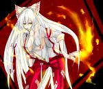  bad_id bangs bent_over bow breasts cleavage dress_shirt fiery_background fire fujiwara_no_mokou hair_bow hand_on_thigh large_breasts long_hair no_bra ofuda open_fly pants popped_collar shirt single_glove sleeves_rolled_up sm0911 smoking solo straight_hair suspenders touhou unzipped very_long_hair white_hair yellow_eyes 