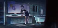  1boy antenna_hair bathtub black_hair black_sweater_vest brown_shorts claw_foot_bathtub collared_shirt commentary_request different_reflection dual_persona highres male_focus omori omori_(omori) reflection shirt short_hair short_sleeves shorts sink sk816 socks solo sunny_(omori) sweater_vest towel white_shirt white_socks window 