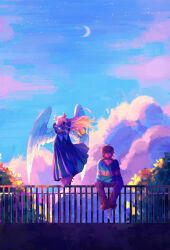  1girl 1other absurdres angel_wings antlers arms_behind_back black_shirt black_sleeves blonde_hair brown_eyes brown_hair brown_pants clouds commentary crescent_moon deer_antlers deer_girl deltarune english_commentary floating_hair freckles furry furry_female hair_over_one_eye highres hood hooves horns kris_(deltarune) leaning_forward long_hair moon nebbeli noelle_holiday on_railing pants railing shirt short_hair sitting sky utdr_(toby_fox) very_long_hair white_shirt white_wings wings 