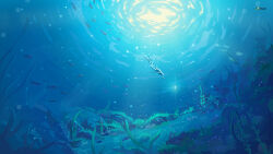  1other ambiguous_gender blue_theme commentary coral diving english_commentary flippers nature ocean original scenery school_of_fish solo sparkle swimming tektober underwater wide_shot 