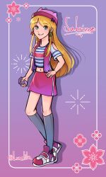  1girl arm_cutout blonde_hair character_name clothing_cutout commentary commission crescent crescent_earrings digimon digimon_frontier digivice drop_shadow earrings east-west_crossover english_commentary flower full_body fusion gradient_background gradient_clothes gradient_shoes gradient_skirt gradient_vest green_eyes grey_socks hand_on_own_hip hat highres holding jewelry kneehighs long_hair lunelita midriff mismatched_earrings multicolored_shirt multicolored_shoes navel open_clothes open_vest orimoto_izumi pink_hat pink_shoes pink_skirt pink_vest purple_background purple_shoes purple_skirt purple_vest sabrina_spellman sabrina_the_teenage_witch second-party_source shirt shoes short_sleeves skirt smile socks solo standing star_(symbol) star_earrings striped_clothes striped_shirt twitter_username two-tone_shirt two-tone_shoes two-tone_skirt two-tone_vest vest 