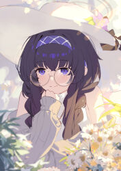  1girl absurdres alternate_costume bilibalakonglijiwa black_hair blue_archive blue_eyes braid closed_mouth commentary_request flower glass grey_shirt hairband halo hat highres long_hair looking_at_viewer off_shoulder plant purple_hairband round_eyewear shirt sleeveless sleeveless_shirt solo sun_hat sunlight twin_braids ui_(blue_archive) upper_body white_flower white_shirt 