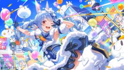  1girl aircraft animal_ears armpits balloon blue_corset blue_gloves blue_hair blue_shoes blue_skirt blue_sky bow braid breasts carrot_hair_ornament center_frills corset day detached_sleeves don-chan_(usada_pekora) extra_ears food-themed_hair_ornament frills fur-trimmed_skirt fur_leg_warmers fur_scarf fur_sleeves fur_trim game_asset gloves hair_bow hair_ornament highres hikimayu hikosan hololive hololive_dreams hot_air_balloon layered_skirt leg_warmers long_hair looking_at_viewer multicolored_hair non-web_source official_alternate_costume official_art outdoors outstretched_arm pekomon_(usada_pekora) pom_pom_(clothes) pom_pom_hair_ornament rabbit-shaped_pupils rabbit_ears rabbit_girl red_eyes second-party_source self-datamine shirt shoes short_eyebrows skirt sky sleeveless sleeveless_shirt small_breasts solo symbol-shaped_pupils thick_eyebrows twin_braids two-tone_hair usada_pekora usada_pekora_(1st_costume) usada_pekora_(playful_rabbit_field) v v_over_eye virtual_youtuber white_hair white_shirt 