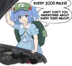  1girl arm_up backpack bag blue_eyes blue_hair blue_shirt car engine english_text furrowed_brow green_hat hair_bobbles hair_ornament hat highres kawashiro_nitori key long_hair looking_at_viewer motor_vehicle shirt short_sleeves simple_background sketch solo speech_bubble standing tearing_up touhou toyota twintails two_side_up upper_body white_background xinumizu 
