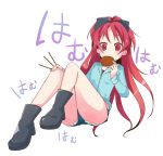  eating food long_hair mahou_shoujo_madoka_magica nora_kuro pocky ponytail red_eyes red_hair redhead sakura_kyouko sitting solo 