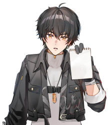  1boy black_gloves black_hair black_jacket chainsaw_man commentary english_commentary foxyreine gloves grey_shirt hair_between_eyes highres holding holding_notepad jacket looking_at_viewer makima_is_listening_(meme) male_focus male_rover_(wuthering_waves) meme notepad parted_lips rover_(wuthering_waves) shirt simple_background solo textless_version upper_body white_background wuthering_waves yellow_eyes 