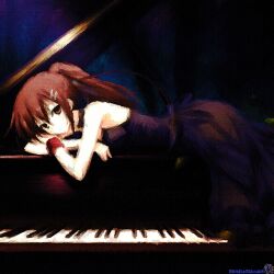  1girl black_dress brown_eyes brown_hair dark dark_background dress grand_piano hair_ornament hairclip head_on_hands highres instrument kristianmaksak5 leaning looking_at_viewer minakami_yuki off_shoulder original painterly piano piano_keys ponytail solo strapless strapless_dress subarashiki_hibi watermark wristband 