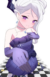  1girl bare_shoulders black_horns blue_archive checkered_floor closed_mouth collarbone commentary_request demon_girl demon_horns demon_wings dress earrings elbow_gloves gloves highres hina_(blue_archive) hina_(dress)_(blue_archive) horns jewelry low_wings n/p_(xrey2588) necklace official_alternate_costume official_alternate_hairstyle pendant purple_dress purple_gloves simple_background single_sidelock smile solo strapless strapless_dress violet_eyes white_background white_hair wings 