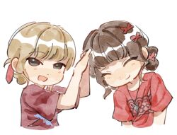  2girls artist_request blush brown_hair closed_eyes closed_mouth commentary_request commission hair_ribbon headpat highres jewelry multiple_girls necklace open_mouth photo-referenced real_life red_ribbon red_shirt ribbon sasaki_rico second-party_source shirt short_hair simple_background takao_kanon voice_actor white_background 