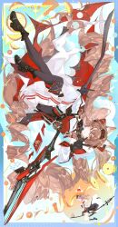  1girl absurdres angelina_(arknights) angelina_the_mellow_wish_(arknights) animal_ear_fluff animal_ears arknights black_boots black_collar black_gloves black_hairband black_thighhighs blue_background boots brown_hair collar detached_sleeves dress earpiece food fox_ears fox_girl fruit full_body gloves hair_between_eyes hairband high_heel_boots high_heels highres infection_monitor_(arknights) letter long_hair long_sleeves looking_at_viewer mou_l_bing_sha multicolored_hairband multiple_views orange_(fruit) orange_peel orange_slice sideways sitting sky smile solo sparkle staff_riding thigh-highs twintails two-tone_hairband v v_over_eye very_long_hair white_dress 