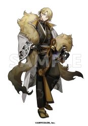  1boy alternate_costume animal_print black_gloves black_kimono black_ribbon black_shirt blonde_hair clothing_cutout coat commentary_request copyright_notice earrings feather_boa folded_fan folding_fan full_body glove_cutout gloves hair_behind_ear hair_between_eyes hair_ornament hair_ribbon hand_fan hand_on_own_hip holding holding_fan itefu japanese_clothes jewelry kimono komainu long_sleeves looking_at_viewer luca_kaneshiro male_focus medium_hair nijisanji nijisanji_en official_art one_side_up open_clothes open_coat print_coat print_kimono ribbon rope_belt sample_watermark sandals sash shirt shirt_under_kimono sideways_glance simple_background skull_ornament smile socks solo standing tabi tassel tassel_hair_ornament two-sided_coat two-sided_fabric violet_eyes virtual_youtuber waist_sash watermark wave_print white_background white_coat yellow_socks zouri 
