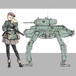  1girl ammunition_pouch beret black_boots blonde_hair boots commentary faux_traditional_media gun hat holding holding_gun holding_weapon holster jacket leaning_to_the_side leggings long_hair looking_to_the_side mecha military military_jacket military_uniform optical_sight original pleated_skirt pointy_ears pouch radio_antenna red_hat robot simple_background sketch skirt sterling_smg submachine_gun tank_turret two-tone_background union_jack united_kingdom untranslatable_commentary weapon y_(khakiyawn) 