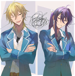  2boys :d ahoge angry belt black_shirt blonde_hair blue_jacket blue_necktie brown_belt collared_shirt crossed_arms ensemble_stars! furrowed_brow grimace hair_between_eyes hakaze_kaoru highres jacket jewelry kanzaki_souma kaoso long_hair long_sleeves looking_at_another male_focus motoyui mullet multiple_boys necklace necktie one_eye_closed open_mouth ponytail purple_hair school_uniform shirt shirt_under_shirt sidelocks silver_necklace single_hair_intake smile squiggle upper_body v-shaped_eyebrows white_shirt yumenosaki_school_uniform 