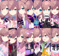  1girl apron beret black_bow black_bowtie black_dress black_gloves black_hat black_jacket black_shirt blue_gem blue_jacket blue_sailor_collar blush bow bow_earrings bowtie braid breasts brown_hair cardigan center_frills choker closed_mouth collarbone collared_shirt commentary dress earrings eyewear_on_head fingernails food frilled_shirt frills fruit gem gloves green_bow green_bowtie green_eyes green_kimono green_nails hair_bow hair_intakes hair_ornament hairclip hand_on_own_chin hat hat_pin heart heart-shaped_eyewear highres holding holding_food holding_fruit holding_sign interlocked_fingers jacket japanese_clothes jewelry kimono looking_at_viewer looking_to_the_side maid medium_hair nail_polish neck_ribbon neckerchief nijisanji one_eye_closed open_mouth own_hands_together pink-framed_eyewear pink-tinted_eyewear pink_bow pink_bowtie pink_cardigan pink_shirt purple_cardigan purple_scarf red_nails red_ribbon ribbon sailor_collar saine scarf school_uniform serafuku shirt sign smile solo_focus star_pin strawberry striped_bow striped_bowtie striped_clothes stuffed_toy sunglasses suzuhara_lulu suzuhara_lulu_(1st_costume) suzuhara_lulu_(2nd_costume) suzuhara_lulu_(3rd_costume) suzuhara_lulu_(4th_costume) suzuhara_lulu_(5th_costume) sweater swept_bangs tinted_eyewear two-tone_bow two-tone_bowtie virtual_youtuber white_apron white_bow white_bowtie white_cardigan white_choker white_dress white_kimono white_serafuku white_shirt white_sweater yellow_neckerchief 