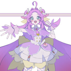  1girl :d absurdres ahoge akechi_anna ashida_(user_dxec4477) buttons clenched_hand commentary_request cure_answer double_bun dress fingerless_gloves gloves green_eyes hair_bun hair_flaps hair_intakes highres long_hair long_sidelocks looking_at_viewer magical_girl meitantei_precure! multicolored_dress necktie open_hand open_mouth pink_gloves pink_hair pink_necktie precure reaching reaching_towards_viewer sidelocks smile solo straight-on very_long_hair white_background winged_hair_ornament 