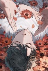  1boy alien_stage black_hair capybara_roll commentary disembodied_hand fang flower looking_to_the_side lying male_focus on_back open_mouth petals red_flower red_petals shirt short_hair solo untranslatable_commentary upper_body white_shirt 
