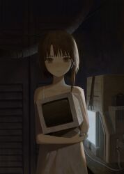 1girl absurdres asymmetrical_hair brown_eyes brown_hair cable commentary computer crt dress expressionless eyewear_on_head hair_ornament highres holding_monitor indoors iwakura_lain looking_at_viewer monitor screen_light serial_experiments_lain short_hair single_sidelock solo subfiction upper_body white_dress x_hair_ornament 