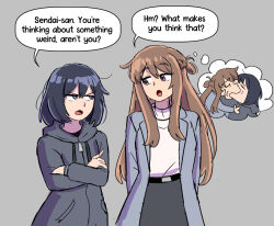  2girls alt_text arms_behind_back black_hair brown_eyes brown_hair commentary crossed_arms eggtempest english_commentary english_text grey_background grey_eyes grey_hoodie hood hoodie long_sleeves looking_at_another meme miyagi_shiori multiple_girls open_mouth sendai_hazuki short_hair shuuniichido_classmate_wo_kau_hanashi simple_background speech_bubble thought_bubble v-shaped_eyebrows yoshi_and_toad_kissing_(meme) yuri 