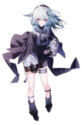  1girl absurdres ahoge black_boots black_shorts book boots cape commentary_request emeto full_body hair_ornament hand_on_own_hip highres holding holding_book long_sleeves looking_at_viewer medium_hair original puffy_long_sleeves puffy_sleeves shorts simple_background solo star_(symbol) star_hair_ornament thigh_strap violet_eyes white_background white_hair 