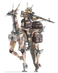 aiming ammunition_pouch bag blonde_hair combat_helmet commentary fingerless_gloves gloves gun helmet holding holding_gun holding_weapon horseback_riding mecha mechanical_cyclops_eye mechanical_eyes military military_uniform optical_sight original pouch riding rifle robot satchel short_hair sitting_on_robot thigh-highs untranslatable_commentary visor_(armor) walking weapon white_background y_(khakiyawn) 