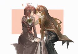  ! 2girls absurdres ahoge black_pants blue_eyes blush bow bowtie brown_coat brown_eyes brown_hair chinese_commentary coat collared_shirt commentary_request dress frilled_sleeves frills green_bow green_bowtie hairband hand_on_another's_cheek hand_on_another's_face highres hod_(project_moon) invisible_chair library_of_ruina long_hair long_sleeves looking_at_another malkuth_(project_moon) maplebyebye medium_hair multiple_girls open_mouth orange_bow orange_bowtie pants project_moon red_hairband shirt side-by-side sidelocks sitting skirt smile very_long_hair white_shirt yuri 
