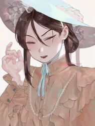 1boy blue_eyeliner brown_eyes brown_hair earrings eyeliner frilled_shirt frills hair_between_eyes hat highres jewelry long_hair makeup mole mole_under_eye mole_under_mouth multiple_moles_under_mouth multiple_moles_under_one_eye narrowed_eyes open_mouth orange_shirt original osakehoihoiniko parted_bangs shirt simple_background sun_hat trap very_low_bun white_background 