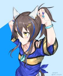  1girl absurdres animal_ears blue_hair blue_nails blue_shirt blush brown_hair daitaku_helios_(fun_fun_party_night)_(umamusume) daitaku_helios_(umamusume) ear_covers facial_tattoo hair_ornament hairclip highres horse_ears horse_girl horse_tail jewelry long_hair multicolored_hair multicolored_nails necklace shirt solo star_(symbol) star_hair_ornament streaked_hair tail tattoo tying_hair uma_motiyodor umamusume yellow_eyes 