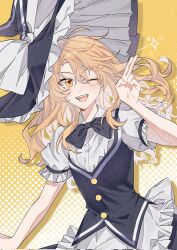  1girl :d ;d apron back_bow black_bow black_bowtie black_hat black_skirt black_vest blonde_hair bow bowtie collared_shirt commentary_request hat hat_bow highres hitte5416 kirisame_marisa long_hair one_eye_closed puffy_short_sleeves puffy_sleeves shirt short_sleeves skirt smile solo teeth touhou upper_teeth_only vest waist_apron white_apron white_bow white_shirt witch_hat yellow_background yellow_eyes 