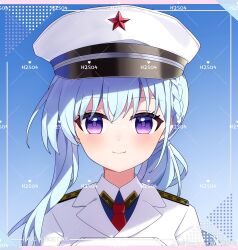  1girl absurdres anshan_(warship_girls_r) blue_hair blush braid brid chinese_commentary closed_mouth collared_shirt commentary_request english_text half_crown_braid hat highres jacket long_hair looking_at_viewer low_ponytail military military_hat military_uniform necktie peaked_cap people's_liberation_army people's_liberation_army_navy ponytail red_necktie shirt side_ponytail smile solo twintails upper_body violet_eyes warship_girls_r watermark white_jacket 
