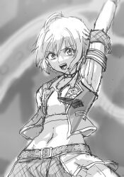  1girl ahoge arm_up dancing frown highres ibuki_suika idolmaster idolmaster_million_live! idolmaster_million_live!_theater_days monochrome navel simple_background sketch smile sweat 
