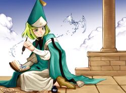  1girl aqua_cloak aqua_hat blue_sky blush brown_shoes cloak clouds coco_(tongari_boushi_no_atelier) commentary day dress elemental_(creature) english_commentary green_eyes green_hair hat highres holding holding_pen inkwell kneeling koto_(letta) looking_back nib_pen_(object) pen pillar qifrey's_atelier_apprentice_uniform shoes short_hair sky smile solo tall_hat tassel tongari_boushi_no_atelier water water_elemental white_dress 
