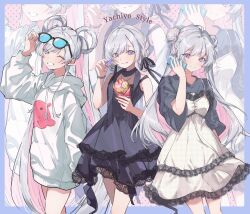  1girl absurdres art_program_in_frame black_dress blue-tinted_eyewear blue_eyes blush cho_kaguya-hime! clenched_teeth colored_inner_hair commentary_request crepe double_bun dress eyewear_lift food grey_hair grey_shirt hair_bun hair_rings highres holding holding_crepe holding_food hood hoodie lace-trimmed_dress lace_trim long_hair looking_at_viewer multicolored_eyes multicolored_hair multiple_views nami_(wa98449) one_eye_closed open_mouth pinafore_dress pink_eyes pink_hair runami_yachiyo runami_yachiyo_(wego) shirt simple_background sleeveless sleeveless_dress teeth tinted_eyewear twintails two-tone_eyes white_background white_hoodie 