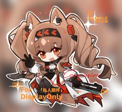  1girl :d angelina_(arknights) angelina_the_mellow_wish_(arknights) animal_ear_fluff animal_ears arknights black_collar black_gloves black_hairband blurry blurry_background brown_eyes brown_hair caser chibi collar commission detached_sleeves dress fox_ears fox_girl full_body gloves hair_between_eyes hairband highres infection_monitor_(arknights) long_hair long_sleeves looking_at_viewer multicolored_hairband open_mouth outline sample_watermark sitting smile solo staff_riding twintails two-tone_hairband w watermark white_dress white_outline 